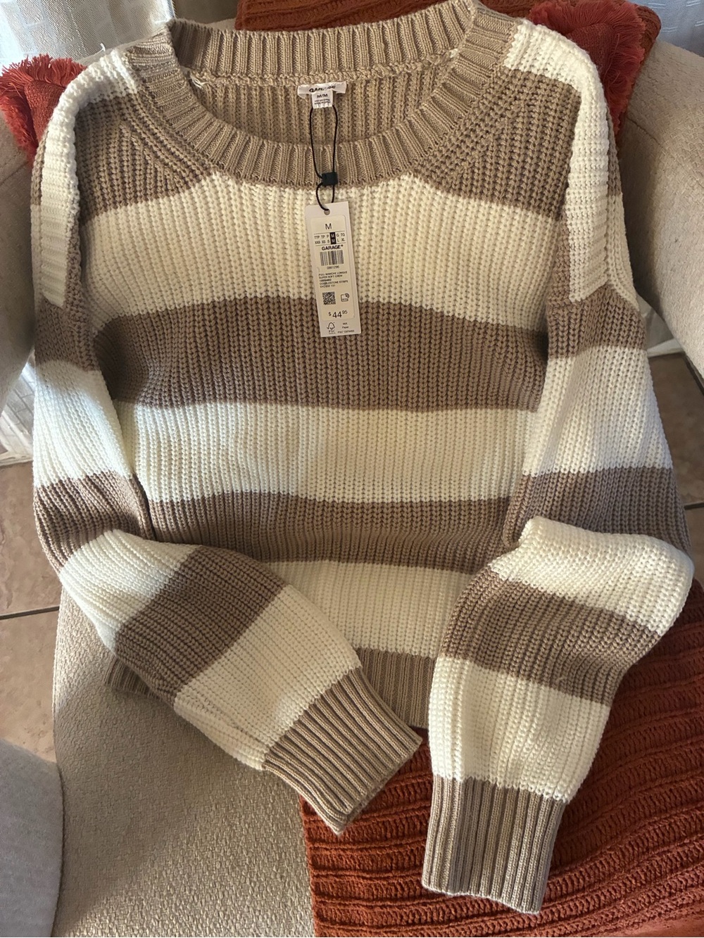 Garage Striped Crewneck Sweater in Cream and Taupe